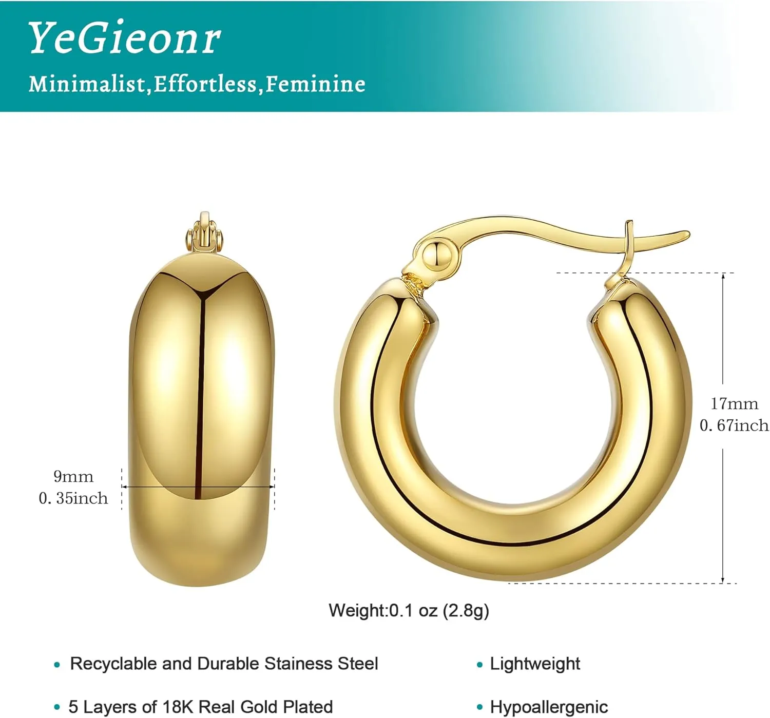 YeGieonr Chunky Gold Hoop Earrings for Women Trendy Twisted Lines Stainless Steel Hoops with 18K Real Gold Plated, Hypoallergenic Earrings Fashion Jewelry for Women