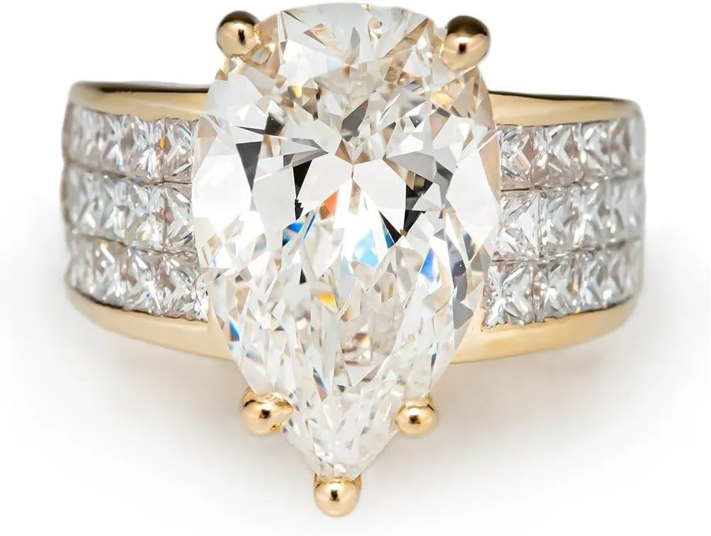 Yellow Gold-Plated Teardrop Cubic Zirconia Solitaire Halo Promise Wedding Engagement Ring, Band Eternity Jewelry Gifts for Her Size 6-10