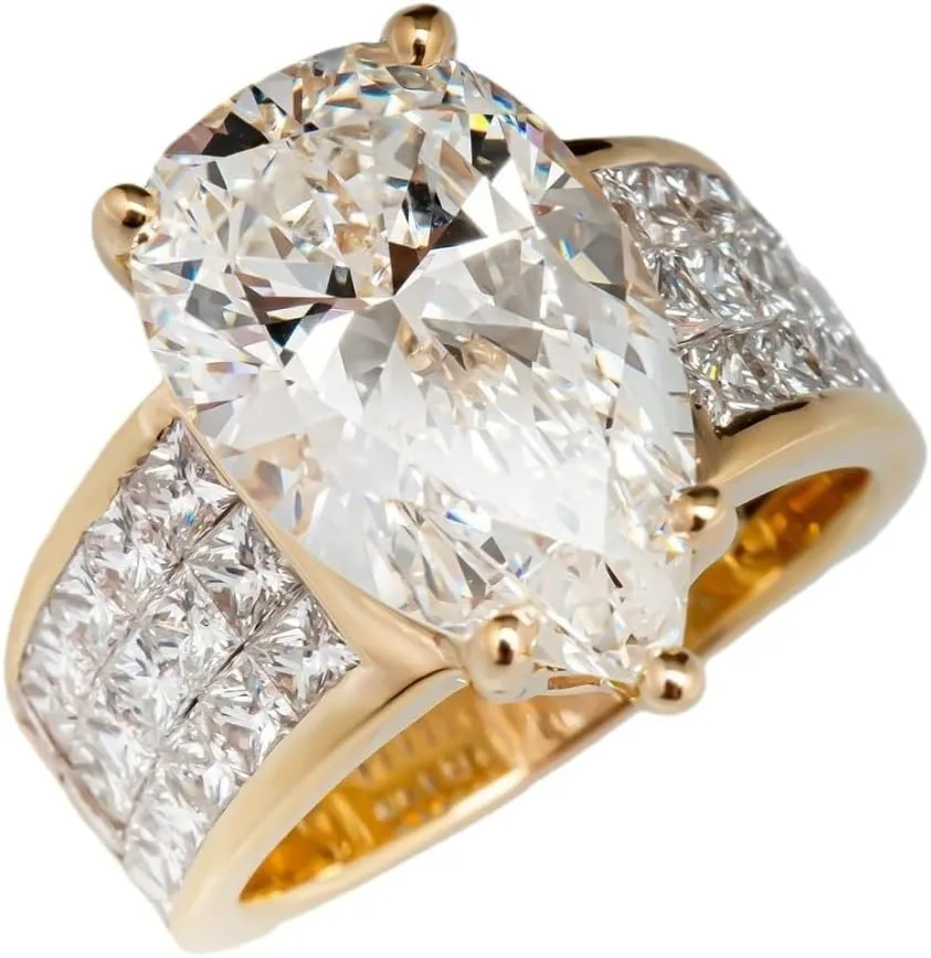 Yellow Gold-Plated Teardrop Cubic Zirconia Solitaire Halo Promise Wedding Engagement Ring, Band Eternity Jewelry Gifts for Her Size 6-10