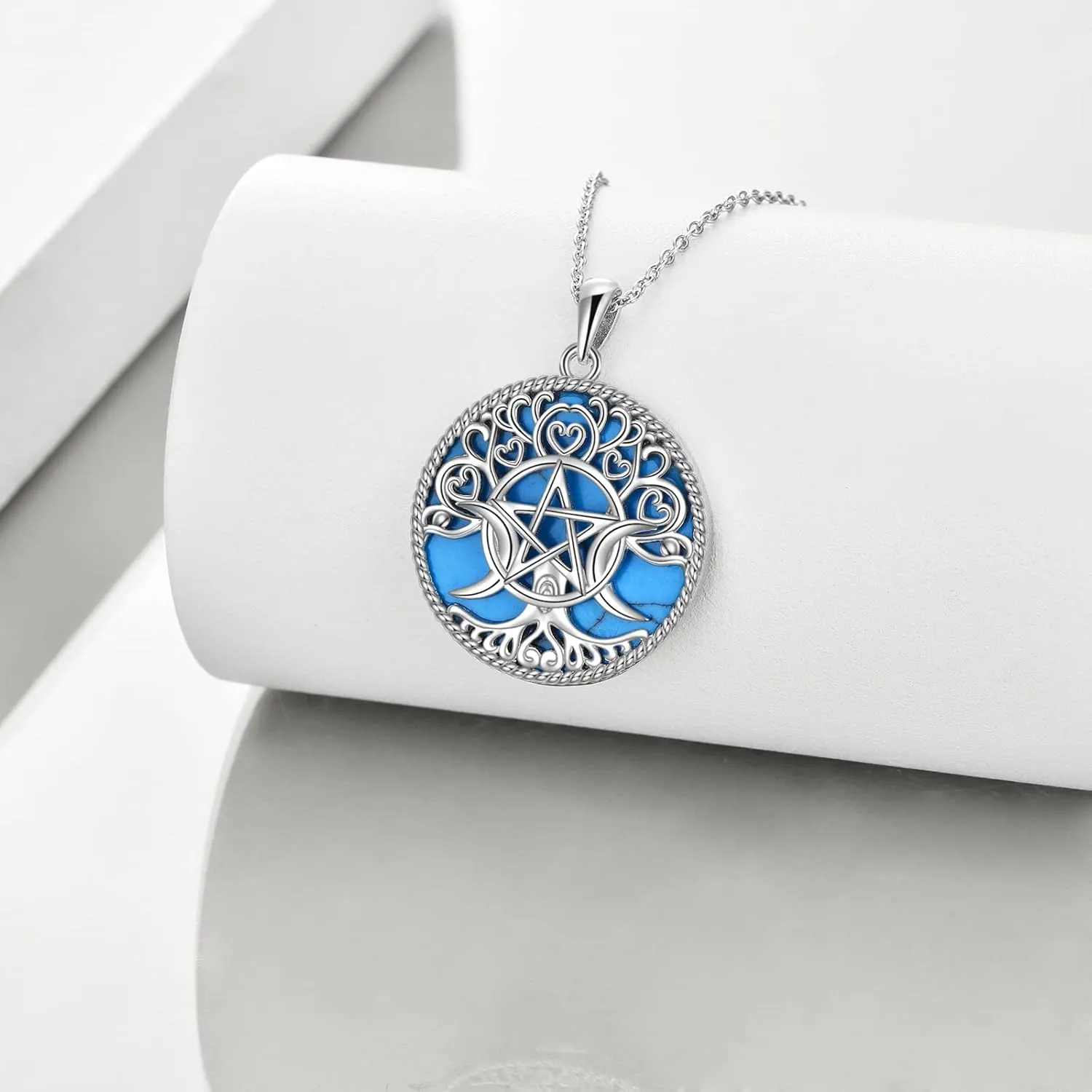 YFN Triple Moon Goddess Necklace Sterling Silver Pentagram Pentacle Opal Pendant necklace Pagan Wiccan Magic Amulet Tree of Life Jewelry for Women Men 18"