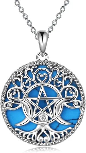 YFN Triple Moon Goddess Necklace Sterling Silver Pentagram Pentacle Opal Pendant necklace Pagan Wiccan Magic Amulet Tree of Life Jewelry for Women Men 18"