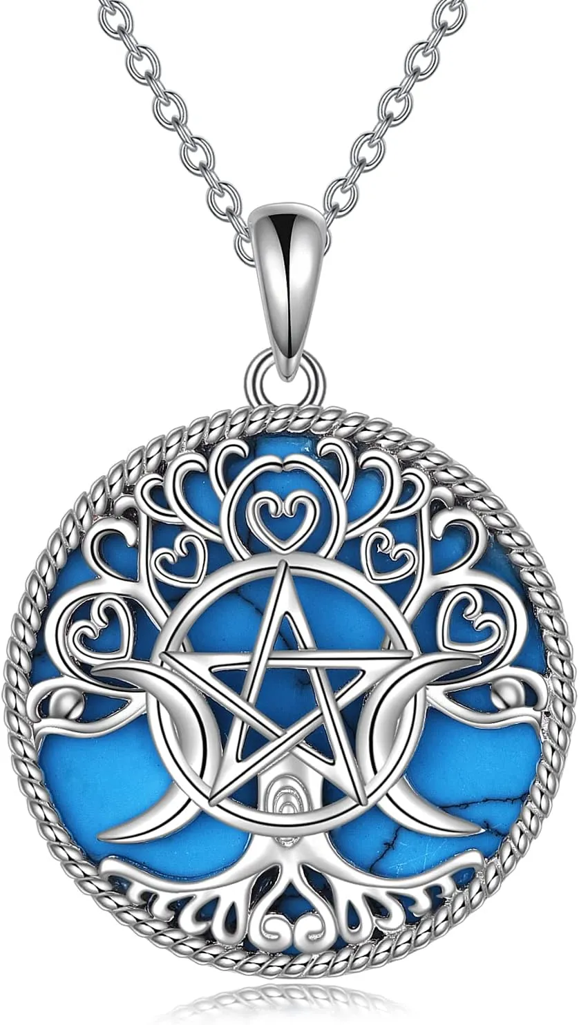 YFN Triple Moon Goddess Necklace Sterling Silver Pentagram Pentacle Opal Pendant necklace Pagan Wiccan Magic Amulet Tree of Life Jewelry for Women Men 18"