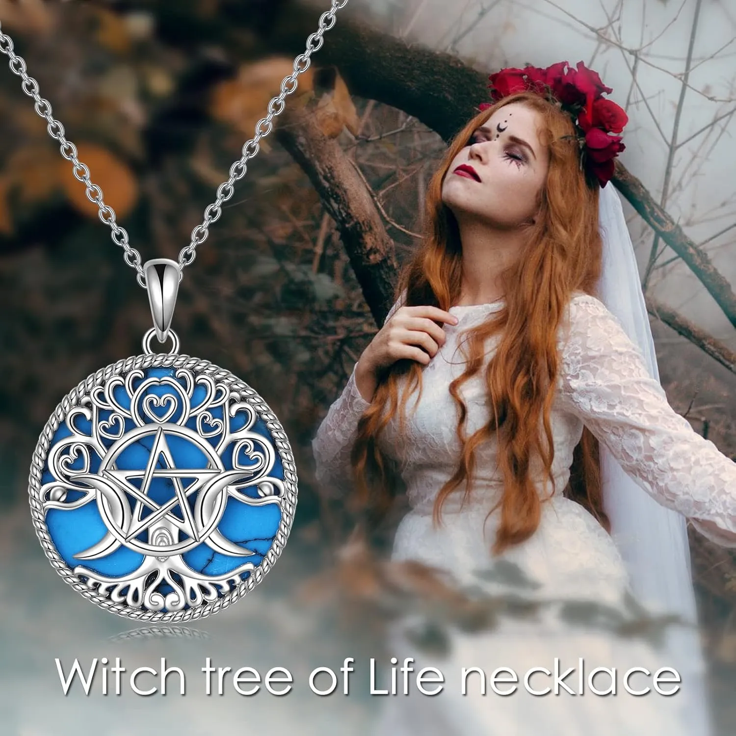 YFN Triple Moon Goddess Necklace Sterling Silver Pentagram Pentacle Opal Pendant necklace Pagan Wiccan Magic Amulet Tree of Life Jewelry for Women Men 18"