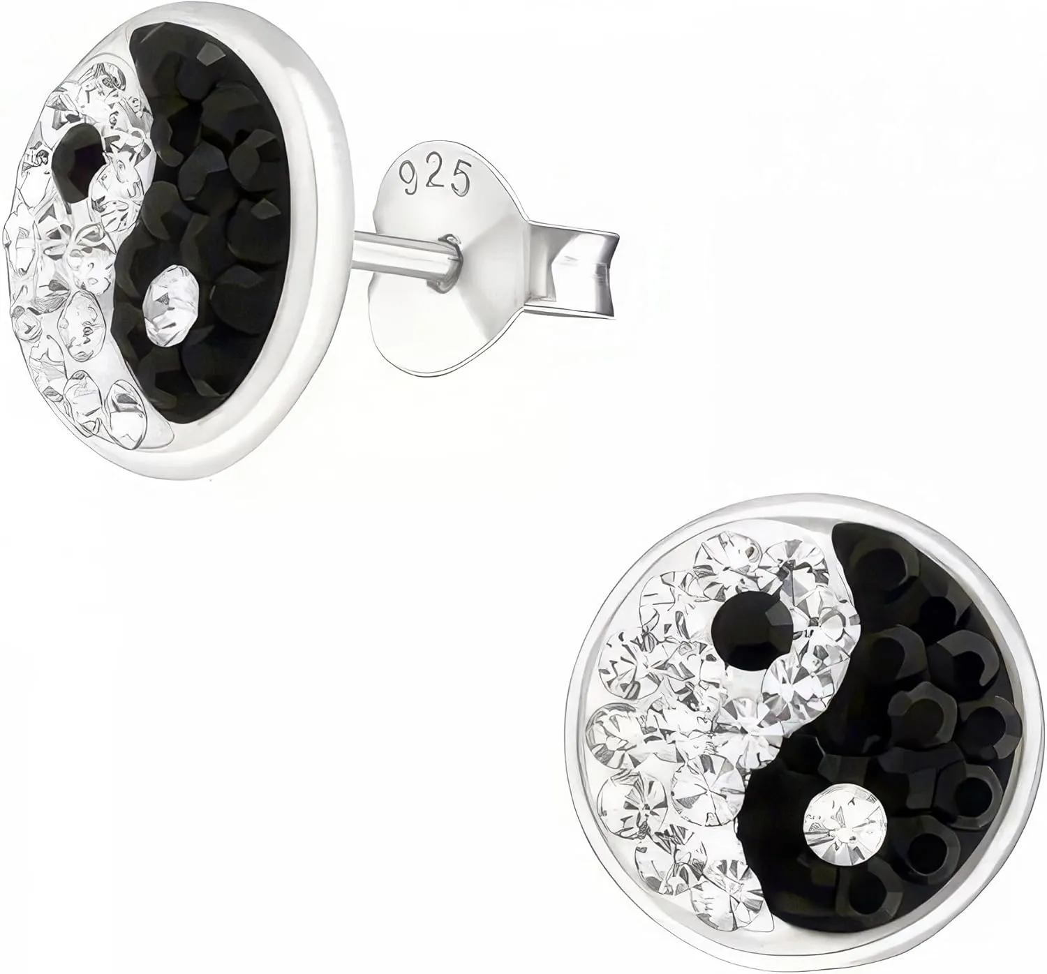 Yin Yang 925 Sterling Silver Crystal Stud Earrings, Tiny Dainty Black and White Design, Minimalist Everyday Jewelry