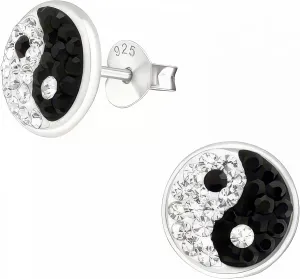 Yin Yang 925 Sterling Silver Crystal Stud Earrings, Tiny Dainty Black and White Design, Minimalist Everyday Jewelry