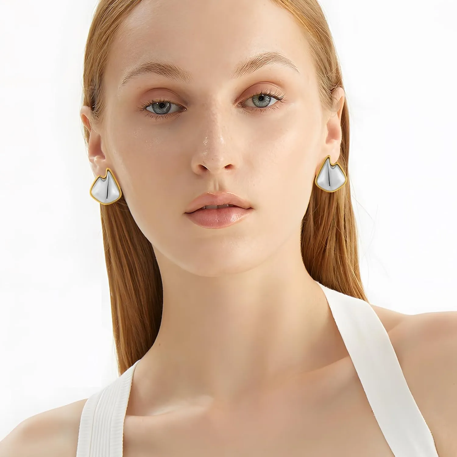 YUJIE Two Tone Studs Earrings Gold and Silver Mixed Metal Earrings for Women Gold Plated Chunky Round Teardrop Earring Thick Trendy Modern Jewelry
