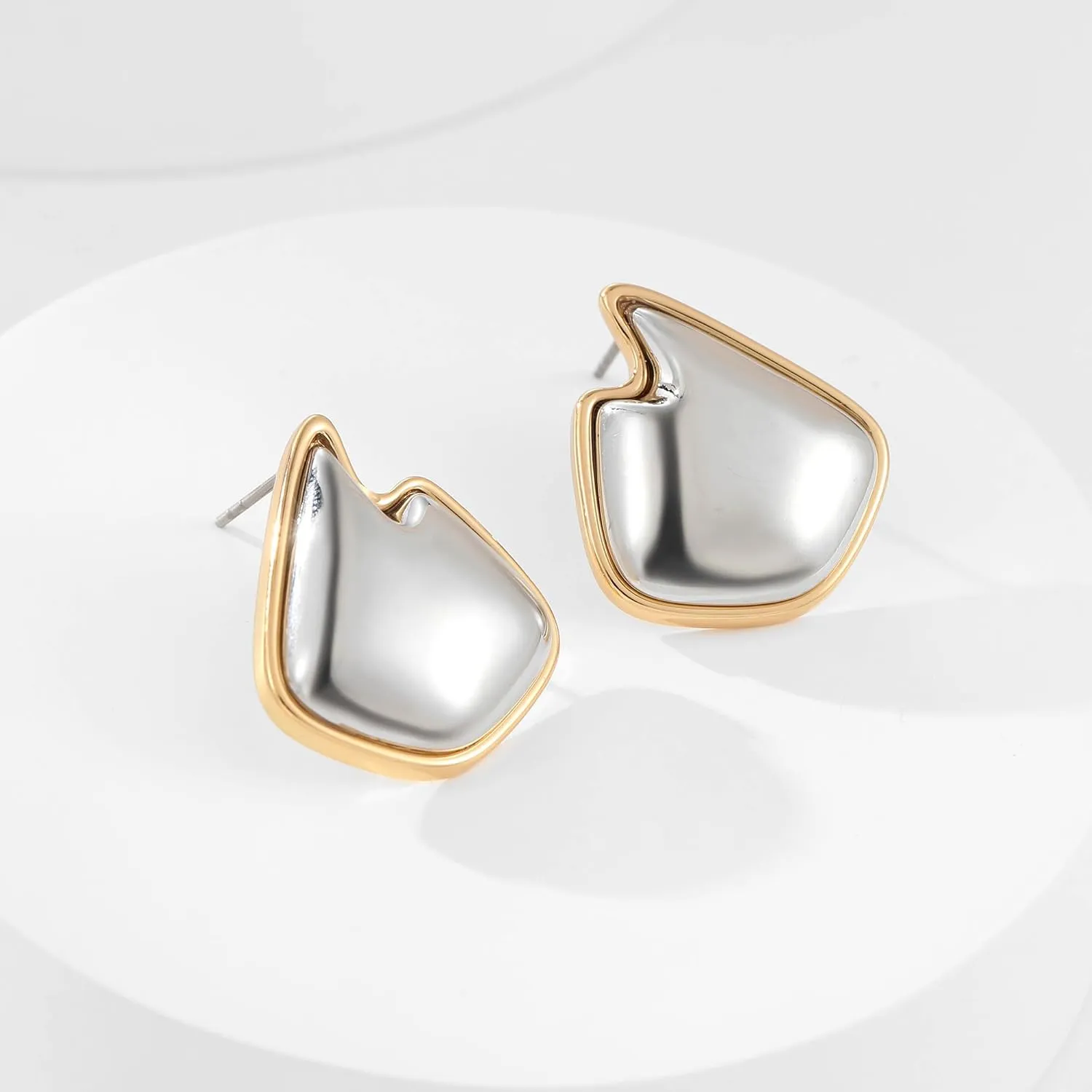 YUJIE Two Tone Studs Earrings Gold and Silver Mixed Metal Earrings for Women Gold Plated Chunky Round Teardrop Earring Thick Trendy Modern Jewelry