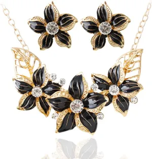 Zittop Fashion Women Crystal Flower Statement Necklace Earrings Jewelry Set (Black)