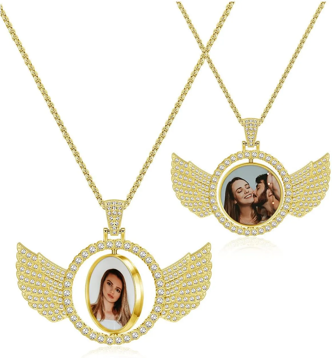 Zysta Customized Double Side Picture Necklace Personalized Photo Crystal Angel Wings Medallion Pendant Customized Photo Rotating Necklace Hip Hop Jewelry for Men Women