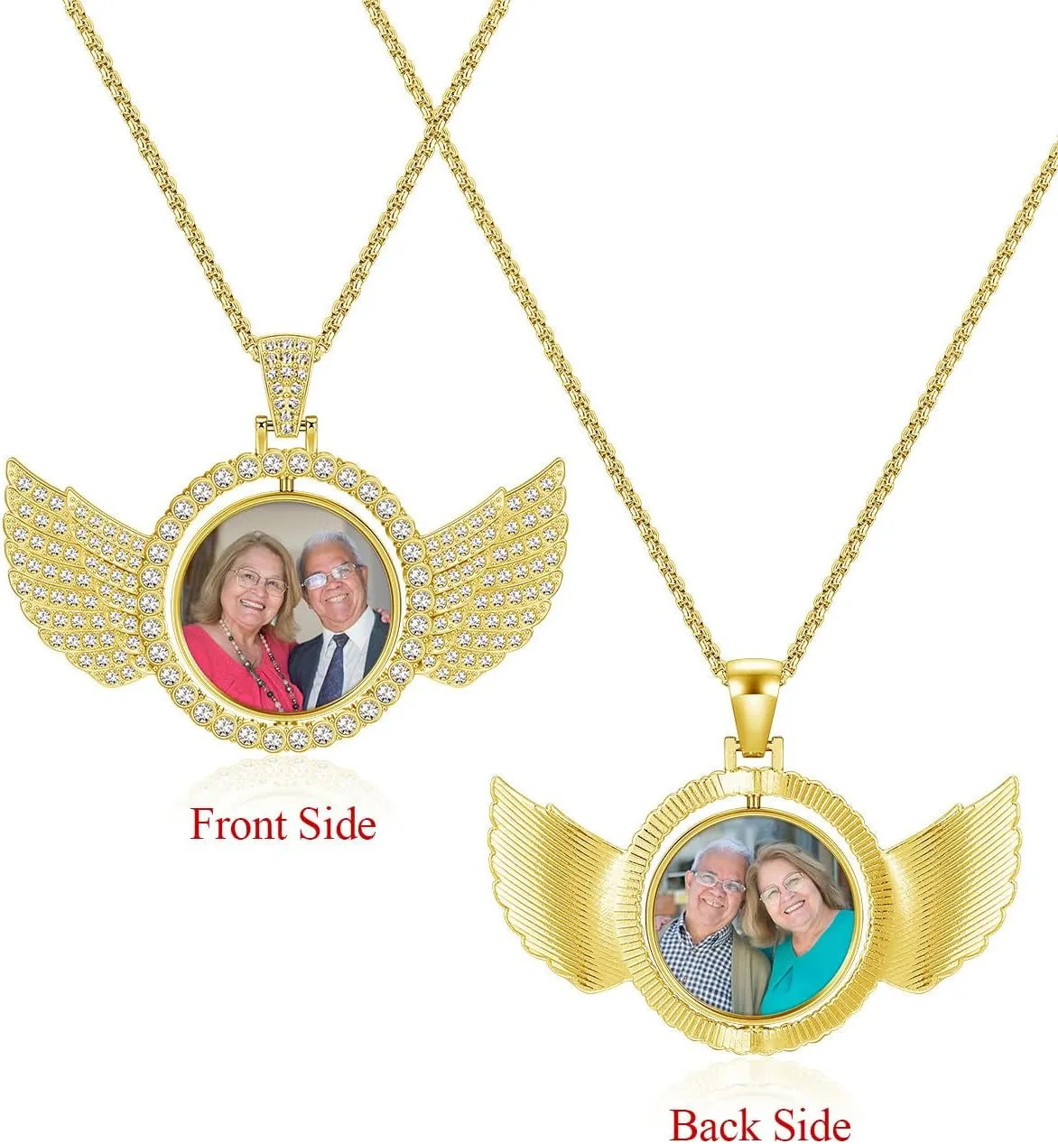 Zysta Customized Double Side Picture Necklace Personalized Photo Crystal Angel Wings Medallion Pendant Customized Photo Rotating Necklace Hip Hop Jewelry for Men Women