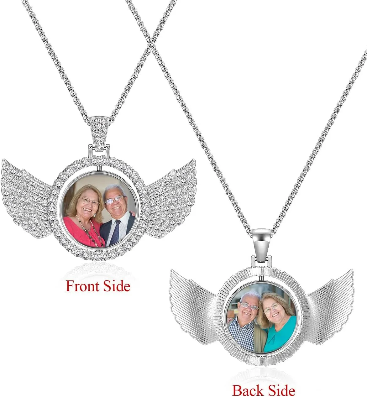 Zysta Customized Double Side Picture Necklace Personalized Photo Crystal Angel Wings Medallion Pendant Customized Photo Rotating Necklace Hip Hop Jewelry for Men Women