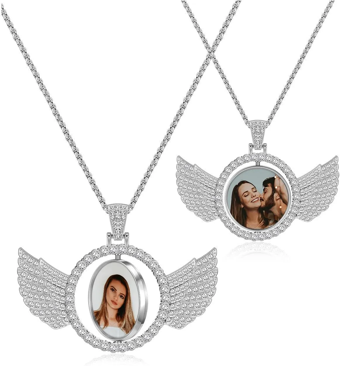 Zysta Customized Double Side Picture Necklace Personalized Photo Crystal Angel Wings Medallion Pendant Customized Photo Rotating Necklace Hip Hop Jewelry for Men Women